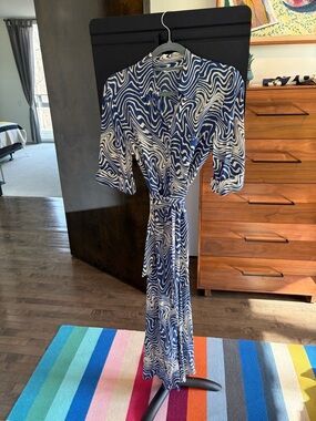 ZARA Blue & White Wave-Print Wrap Dress